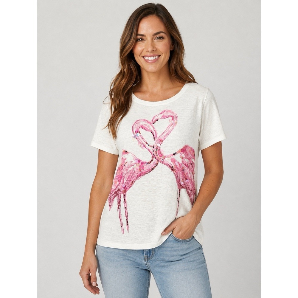 Hampshire Studio Flamingo Graphic‎ Tee Large Beaded Sequin Cotton White Top